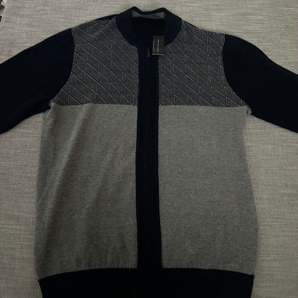 Sean John Full Zip jacket  Mens 3XLT Navy Grey New Colorblock Geometric Knit
